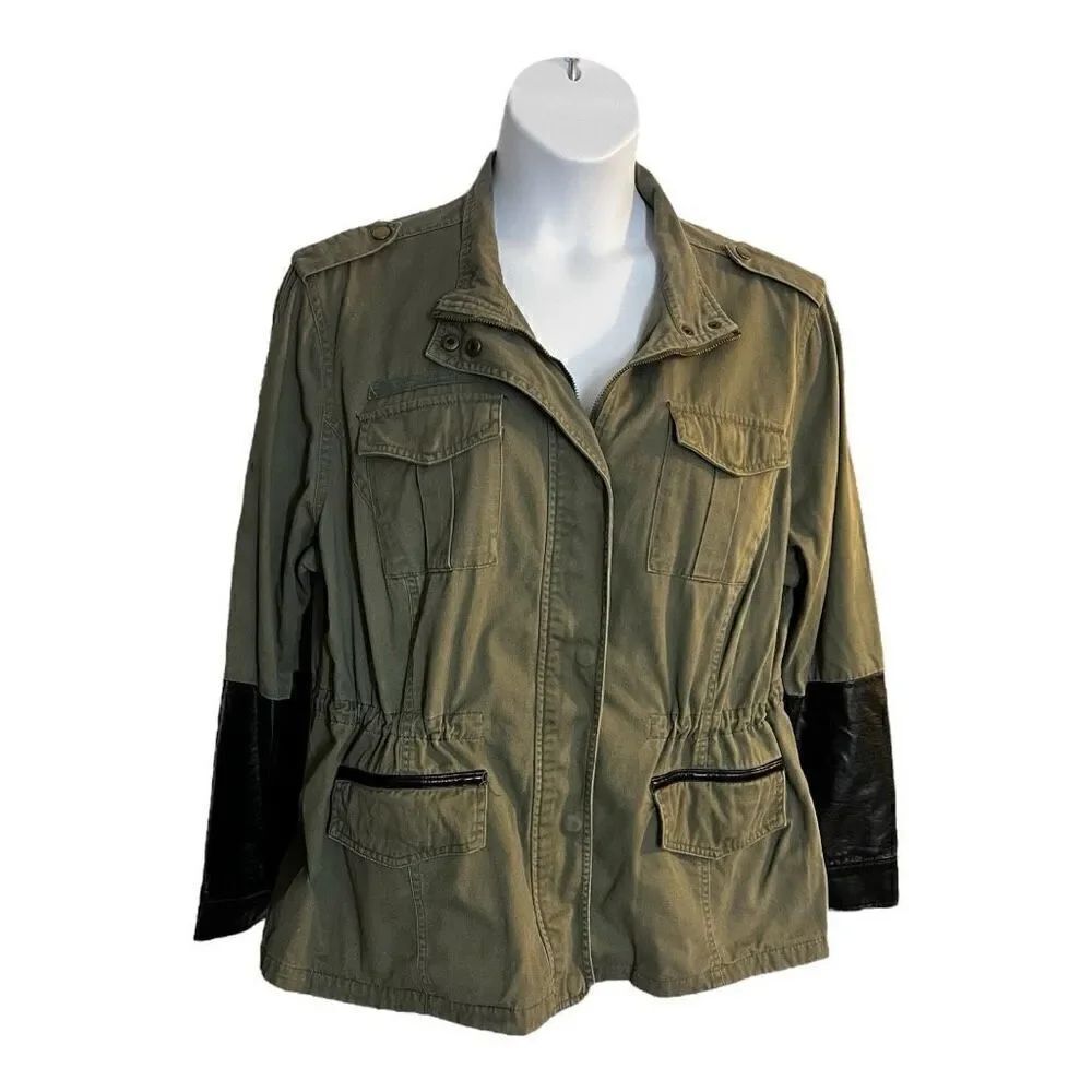 Charlotte Russe Green Military Jean Jacket Plus Size 2X Faux Leather Sleeve